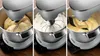 A collage of three images showing a Bosch kitchen machine in different stages of use: kneading dough, whisking cream, and mixing batter. Anteprima dell’immagine prodotto