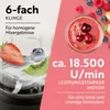 A marketing image for a blender, showing fruits and a smoothie, with text highlighting features. Podgląd zdjęcia produktu