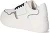 A side view of a white sneaker with black laces and decorative stitching. Produktbild-Vorschau