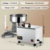 A stainless steel tomato press with various specifications displayed as text overlays. Produktbild-Vorschau