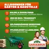 A marketing image for a wheelbarrow, showing its features and a couple posing with it. Produktbild-Vorschau