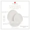 A product image showcasing a dinnerware set with labels indicating the different pieces and their dimensions. Voir les images du produit