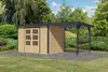 A wooden shed with an attached carport in a garden setting. Produktbild-Vorschau