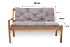 A wooden bench with gray cushions, showing dimensions. Anteprima dell’immagine prodotto