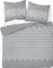 A flat lay of a grey duvet cover and two pillowcases with a white fan-like pattern. Produktbild-Vorschau