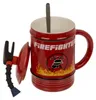 A red firefighter-themed mug with a lid and a spoon. Produktbild-Vorschau