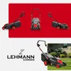 A collage of images showcasing a Lehmann Garden electric lawnmower from different angles, along with the brand logo and a lifestyle shot of the lawnmower in use on a lawn. Náhled obrázku produktu