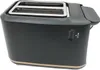 A side view of a black toaster with silver slots and a gold base. Voir les images du produit
