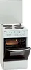 A white electric stove with its oven door open, showing the interior with a rack and a baking dish. The lid over the stovetop is open, revealing four electric burners. Produktbild-Vorschau