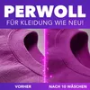 A split image showing a close-up of a purple fabric before and after washing, with glowing particles between the two halves. Produktbild-Vorschau