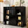 A modern black sideboard with glass shelves, displaying various kitchen items and decor. Náhled obrázku produktu