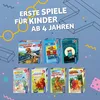 A marketing image showcasing several board games for children, with a blue background and graphic elements. Produktbild-Vorschau