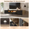 A collage of images showcasing a wall-mounted TV cabinet, including a close-up of its features and a lifestyle shot of the cabinet in a room. Podgląd zdjęcia produktu