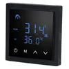 A black digital thermostat with a blue LED display showing temperature readings and control icons. Voir les images du produit