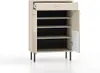 A beige shoe cabinet with black legs and open doors, showing multiple shelves. Podgląd zdjęcia produktu