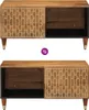 Two images of a wooden cabinet with a decorative sliding door, one with the door on the left and the other with the door on the right, separated by a purple arrow icon. Produktbild-Vorschau