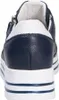 The back view of a navy and white platform sneaker. Voir les images du produit