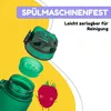 A disassembled green water bottle with its cap and an inner component shown, next to a cartoon raspberry. The background is yellow and white with text overlays. Produktbild-Vorschau