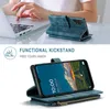 A person's hands are shown using a laptop, with a blue phone case with a kickstand displayed next to it. Below, the phone case is shown in use, propped up by its kickstand. Produktbild-Vorschau