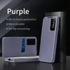 A purple flip case for a smartphone is displayed, with text highlighting its features. Náhled obrázku produktu