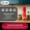 A fire extinguisher spray can is shown on a shelf with kitchen items, along with marketing text and icons indicating its uses. Produktbild-Vorschau