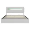 A modern white bed frame with integrated LED lighting in the headboard and base. Produktbild-Vorschau