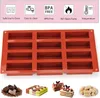A red silicone mold for baking rectangular items, with examples of finished baked goods below. Produktbild-Vorschau
