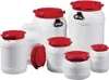A collection of white plastic drums with red lids of various sizes arranged on a white background. Produktbild-Vorschau