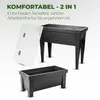 A raised garden bed with a lid and a separate, lower garden bed are shown against a white background. Text overlays describe the product's features. Produktbild-Vorschau