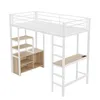 A white metal loft bed with integrated shelves and a desk, shown against a white background. Voir les images du produit