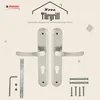 A product shot of a door handle set with accompanying hardware, presented on a light beige background with subtle graphic elements. Produktbild-Vorschau