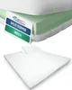 A split topper mattress is shown in two views: one with a cutaway revealing the foam core and a label, and another showing the full topper laid out. Voir les images du produit
