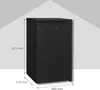 A black refrigerator is shown with dimensions indicated by lines and text. Produktbild-Vorschau
