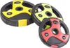 Three weight plates of different colors and weights are arranged on a white background. Náhled obrázku produktu