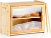 A wooden bread box with a glass door, containing bread on two shelves. Náhled obrázku produktu