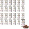 A collection of dog food cans arranged in rows, with a small pile of dog food on a plate in the foreground. Náhľad obrázku produktu