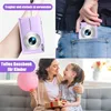 Collage showing a purple digital camera in different contexts: held by a hand, in a pocket, and being gifted to a child by a mother. Produktbild-Vorschau
