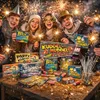 A group of young people celebrating with sparklers and fireworks, surrounded by various party poppers and firework boxes. Produktbild-Vorschau