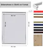 A diagram showing the dimensions of a picture frame, with a selection of frame colors shown on the right. Produktbild-Vorschau