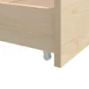Close-up of the bottom corner of a wooden bed frame with a small wheel. Produktbild-Vorschau