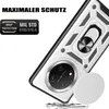 A close-up, angled view of a silver and white phone case with a ring holder and camera cover, set against a white background. Produktbild-Vorschau