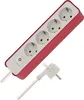 A red and white power strip with four outlets and a power switch, shown with its white plug and cable. Produktbild-Vorschau