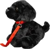 A black plush Labrador dog with a red collar and leash, sitting on a white background. Produktbild-Vorschau
