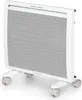 A white electric heater with wheels is shown against a white background. Produktbild-Vorschau