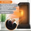 A black electric heater is shown with orange heat waves emanating from it. Text overlays describe its features. A close-up of the control panel is shown in a circle. Voir les images du produit