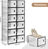 A stack of transparent shoe boxes with black frames, and a single shoe box with shoes on top, with dimensions indicated. Náhľad obrázku produktu