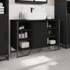 A black bathroom vanity with a white sink and faucet, set against a white tiled wall. Produktbild-Vorschau