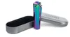 A rainbow-colored Clipper lighter and its silver case are displayed on a white background. Produktbild-Vorschau
