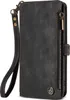 A black leather wallet case for a smartphone, shown from the side with a wrist strap attached. Produktbild-Vorschau