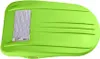 A bright green plastic sled is shown from a top-down perspective against a white background. The sled has a rounded shape with ribbed detailing on the surface. A label with text and a barcode is affixed to the left side of the sled. Produktbild-Vorschau